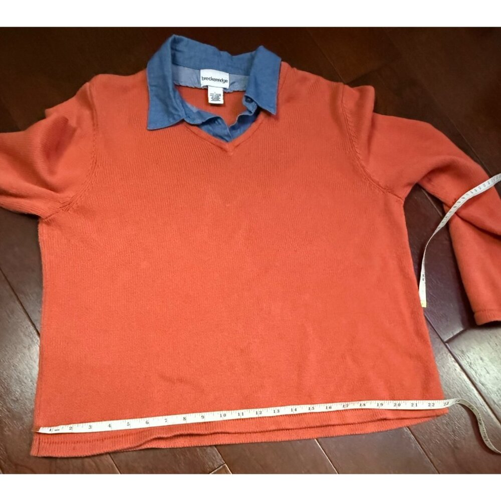 Breckenridge Womens V-Neck Orange Cotton Sweater with Jean Material Collar Large - Picture 8 of 13